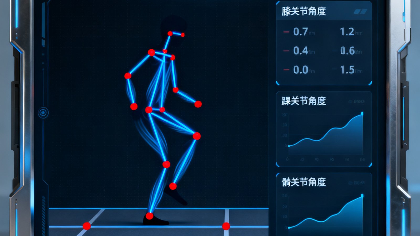 V体育线上AI模拟测评系统界面，展示学生立定跳远动作的骨骼关键点追踪分析和角度数据反馈，界面设计简洁科技感十足