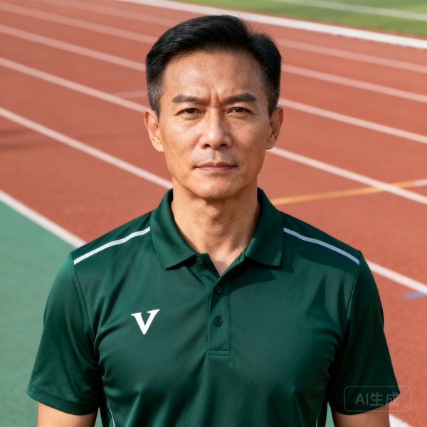 V体育教研总监张毅恒的正面半身照，他约40岁，穿着深绿色运动polo衫，面容坚毅自信，背景是田径场跑道