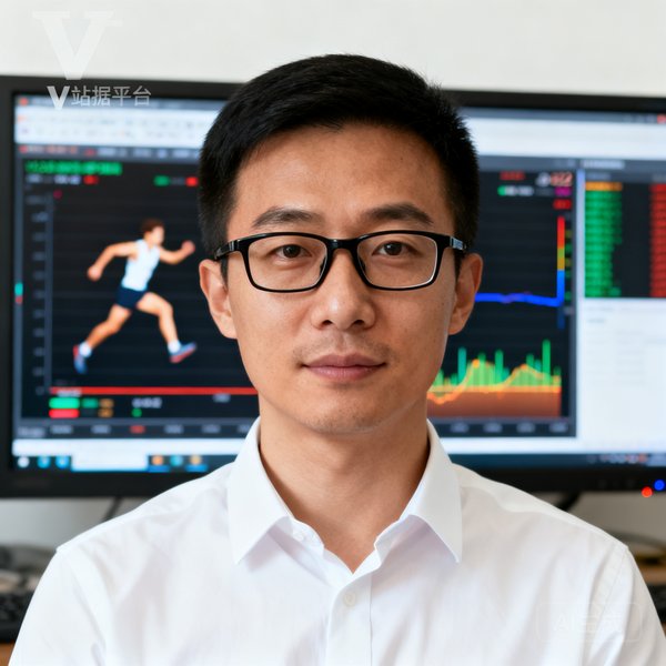 V体育技术分析教练李明远的头像，他约32岁，戴着黑框眼镜，穿着白色衬衫，背景是V站数据平台的大屏幕显示运动分析图表